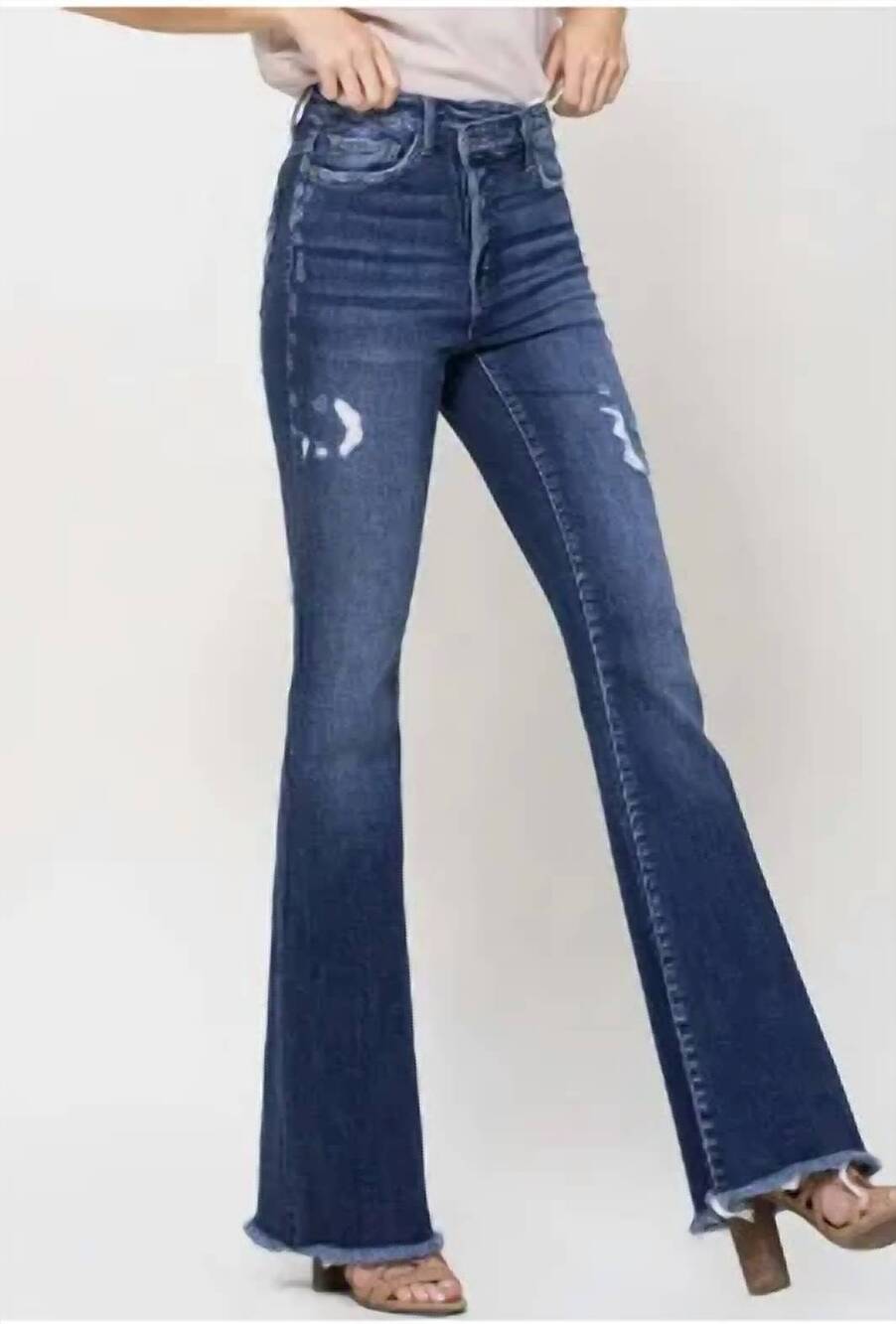 NEW FLYING MONKEY women's super high rise asymmetrical flare jeans in blue